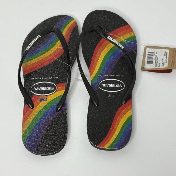 HAVAIANAS Slim Pride Flip Flops Black/Rainbow 41/42 Womens 11/12 Mens 9/10 NWT - Picture 1 of 4